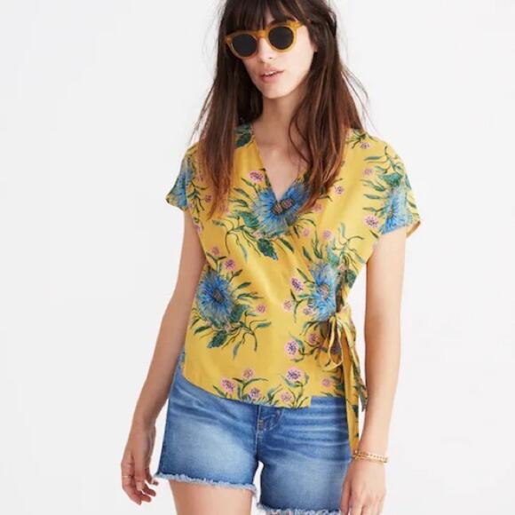 Madewell 100% Silk Side-Tie Wrap Top in Painted Blooms - Picture 1 of 5